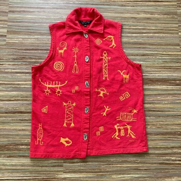 Bfofo Red Sleeveless Vest Top Button Front Pictograph Print Vintage Southwestern - Picture 7 of 7